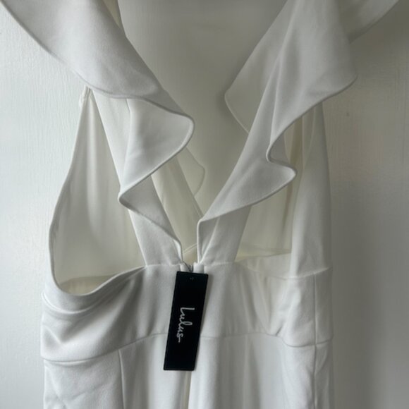 Lulu's White Ruffle Front Deep V Ankle Straight Leg Pants Jumpsuit M - Picture 3 of 4